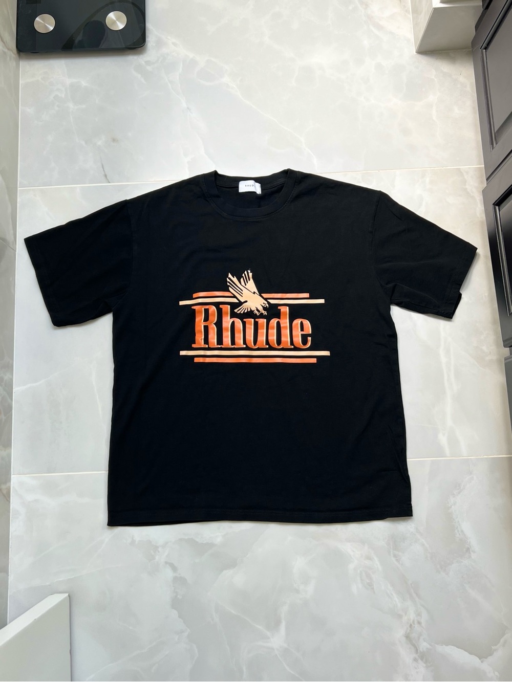 Rhude Black Short Sleeve Tee with Orange Logo